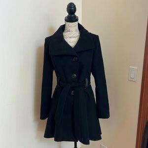 Black Single-Breasted Coat with Pleat Detail and Belt